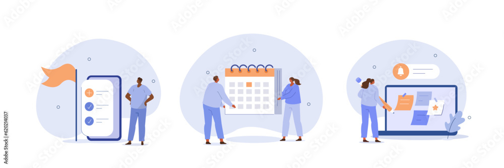 Poster time management illustration set. collection of characters organizing schedule, planning calendar ap