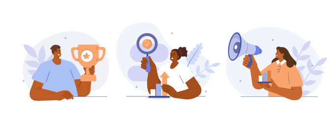 Digital business concept illustration. Collections of men and women setting goals, objectives, successfully accomplish achievement and receiving reward. Vector illustrations set.

