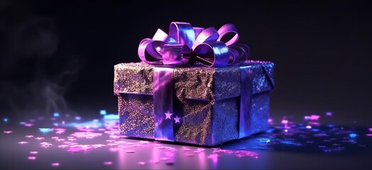 Illustration a futuristic gift box, adorned with a ribbon and purple neon dust on dark background