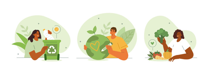 Sustainable lifestyle concept illustration. Collections of men and women characters recycling plastic garbage, eating vegetables and taking care of nature. Vector illustrations set. - obrazy, fototapety, plakaty