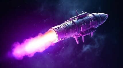 Illustration of a purple space rocket soaring through the sky