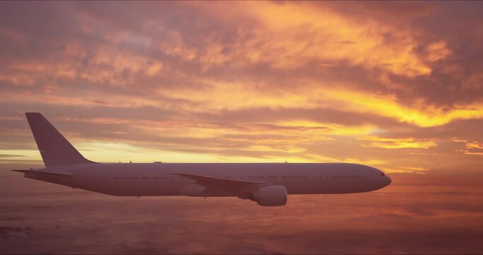 Close-up of Large airliner with passengers on purple sky is landing at airport of bright sunset on sunny summer day. Go Everywhere.