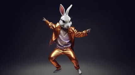 Illustration of a whimsical rabbit dressed in a golden suit dancing with joy