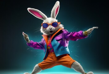 Illustration of a whimsical rabbit with sunglasses, dancing with joy
