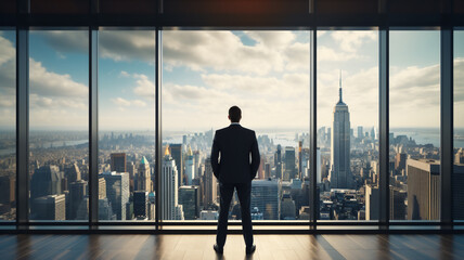Fototapeta na wymiar Mature businessman in formal suites standing at the big windows in office building. Man looking at city in the evening. Concept of success and appreciation. Rear view, city panorama Generative AI.