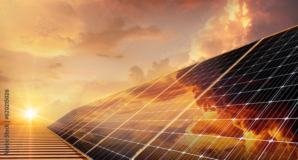 Wall mural solar panels reflect sparkling light from the sun ,clean energy and environment. 3d rendering