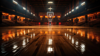 Shining basketball court with wooden floor illustration. Modern indoor stadium illuminated with spotlights cartoon design. Championship or tournament. Sport arena or hall for team games concept