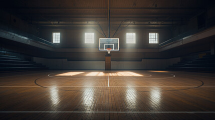 Shining basketball court with wooden floor illustration. Modern indoor stadium illuminated with spotlights cartoon design. Championship or tournament. Sport arena or hall for team games concept