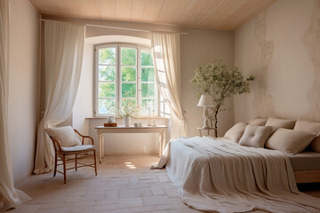 interior elegant vintage style bedroom in light colours with a large window in a château in France or atmospheric hotel. Generative AI	
