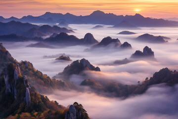 mountains is covered by morning fog and sunrise photography