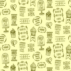 Baked with love pattern backdrop with symbols of different pastries and lettering