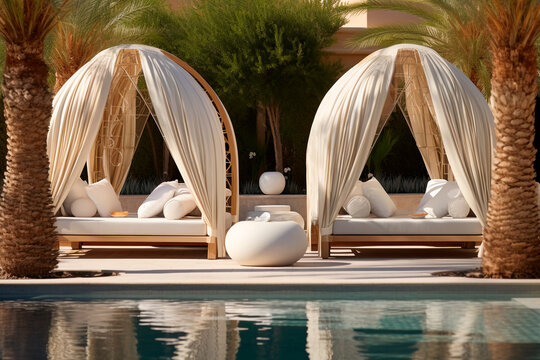 Poolside cabana outdoor seating, elegant beach pool in a luxury hotel. Generative ai