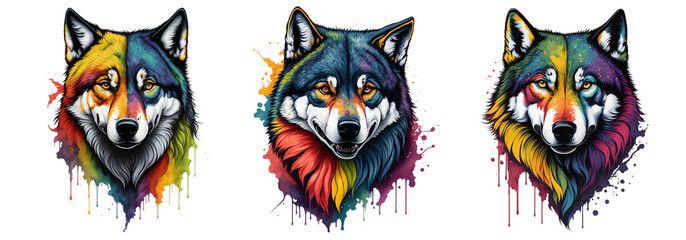 Watercolor Colorful Wolf Collection On A Transparent Or White Background. Mascot Sports Team Logo T-Shirt Design Generative Ai
