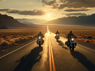 Bikers Riding on a Highway at Sunset with Vast Plains on Either Side | Generative AI