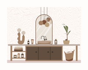 Bathroom in minimal scandinavian style vector illustration. Boho hygge lifestyle