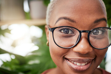 Black woman, glasses and vision, face with eye care and optometry with frame and prescription lens. Eyesight, health and ophthalmology, female person in portrait with spectacles or cosmetic eyewear