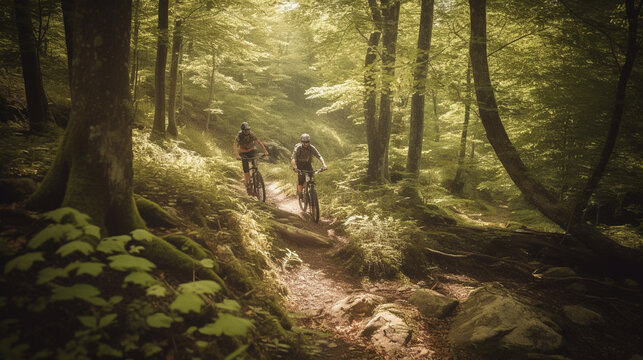 a pair of adventurous mountain bikers out on a trail on a sunny day