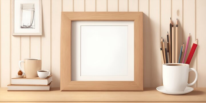 An empty frame for a photo or picture is on the table, near the wall.