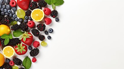 Naklejka na ściany i meble top view of fresh fruits, vegetables and berries on white background, Generative AI.