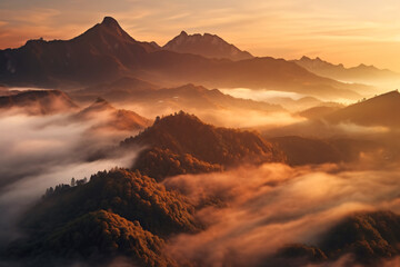 mountains is covered by morning fog and sunrise photography