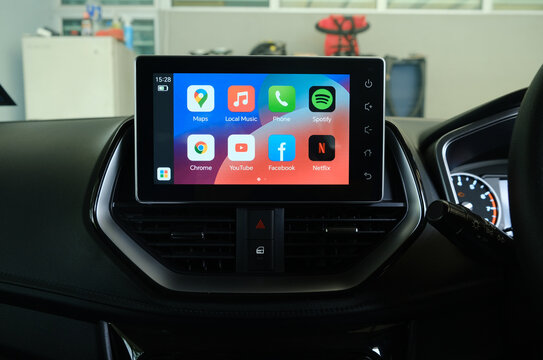 "Rimbayu, Malaysia- July 5, 2023: Selective focus with noise effect of car Android Infotainment Player used in B Segment Sedan car."