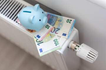 Pig piggy bank and dollar bills on a radiator indoors close-up. Heating concept.