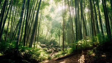 A tranquil bamboo forest with beauty sunlight. Generative AI