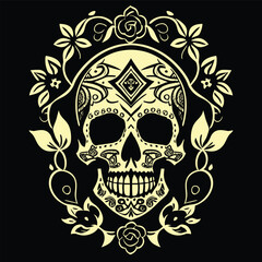 Skull and Roses Pattern Tattoo t-shirt design. Vector illustration