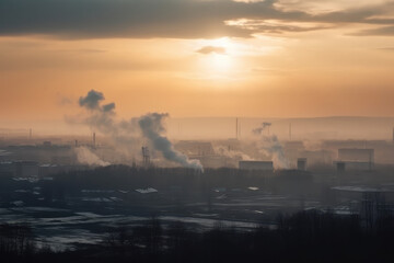 Naklejka na ściany i meble Landscape dominated by factories with billowing smoke. Negative impact of industrialization on air quality and the environment. Thick smog and polluted air, generative AI