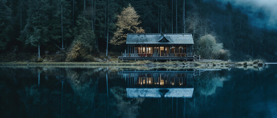 Lake House on a Reflective Lake with Forest Landscape in Background - Moody Cinematic Lighting with Depth of Field - Generative AI