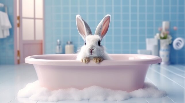 Illustration of a white rabbit sitting in a pink bathtub
