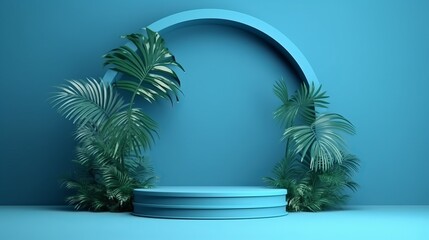 Fototapeta na wymiar Podium with green palm leaf on blue background. Minimal cosmetic background for product presentation