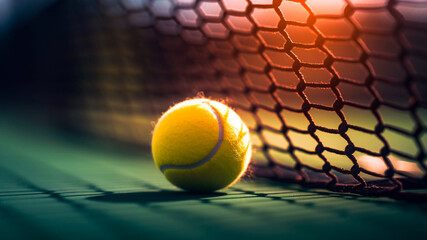 Yellow ball on floor behind paddle net in court outdoors sunlight. Generative AI