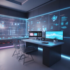 Naklejka premium Interior of stylish living room with neon lighting AI