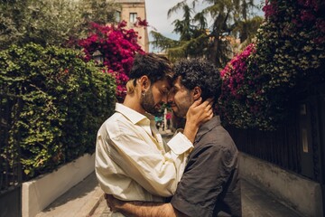 Happy gay couple kissing in the park. LGBT gay couple concept.