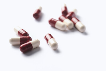 Drug prescription for treatment medication. Pharmaceutical medicament,  Pharmacy theme, Heap of red white medicament