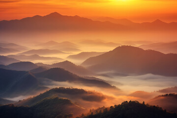 Naklejka na ściany i meble mountains is covered by morning fog and sunrise photography