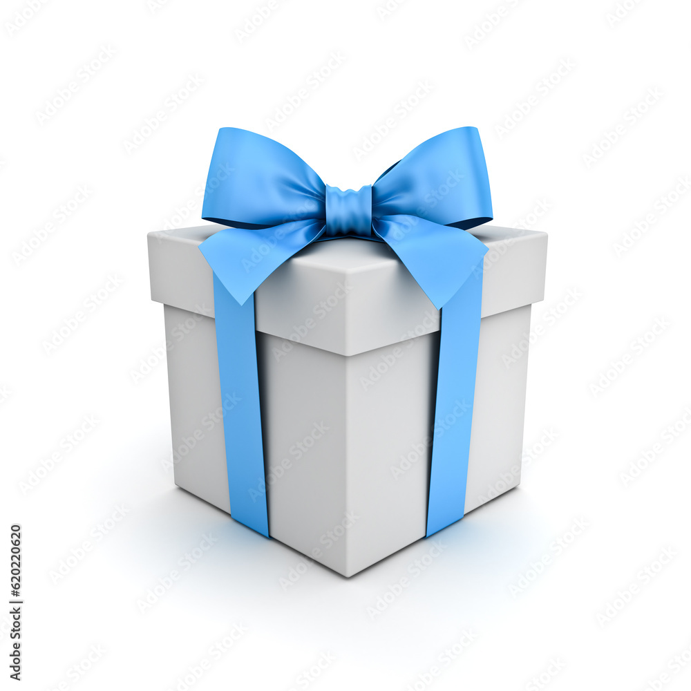 Poster white gift box or present box with blue ribbon and bow isolated on white background with shadow mini