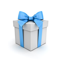 White gift box or present box with blue ribbon and bow isolated on white background with shadow minimal concept 3D rendering