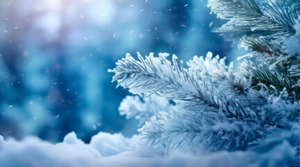 Snow covered christmas tree branches. Festive blue winter background. Generative AI.