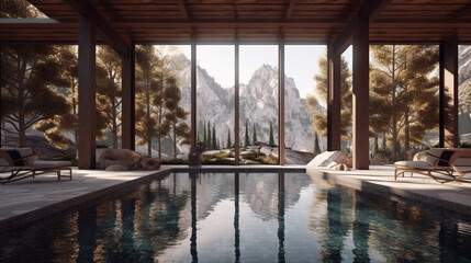 Indoor Swimming Pool with Trees and Mountains in the Background - Naturalist Aesthetic with Mirrored Glass and Reflective Water - Generative AI