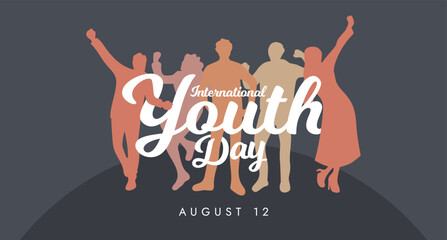 International Youth Day Banner With Calligraphy Hand Drawn Young People Sillhouette