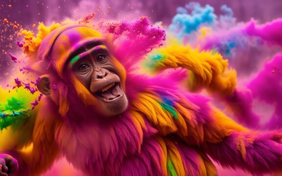 Cheerful monkey Happy Holi colorful background. Festival of colors, holi paints, colored powder. Generative AI
