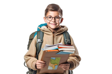 Portrait of little student boy with books wearing glasses and backpack on a transparent background