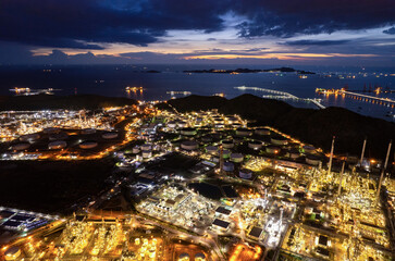 Aerial Industry Oil refinery oil and gas refinery background, Business petrochemical industrial, Refinery oil and gas factory power  fuel energy, Ecosystem estates. Fuel refinery industry at morning 