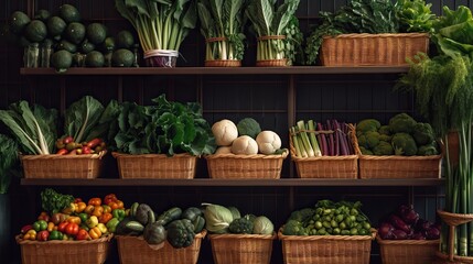 Obraz na płótnie Canvas fresh colorful vegetables in basket with plants on shelf in supermarket, Generative AI