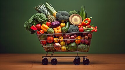 shopping trolley full with vegetables and fruits in studio background, Generative AI