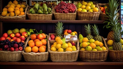 fresh colorful fruits in basket with plants on shelf in supermarket, Generative AI