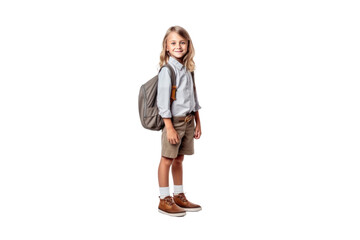 Little student with backpack posing on a transparent background