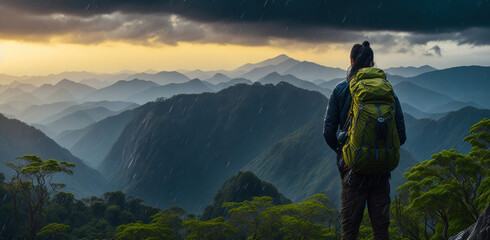 Obraz premium Hiker with big backpack walks on mountain plain in heavy rain. AI Generation.